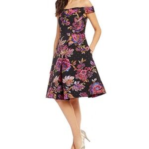 Adrianna Papell Black Fuchsia Metallic Floral Jacquard Dress NWT Size 14